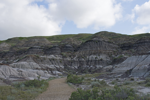 View of the eroded badlands landscape in Midland Provincial Park from the Badlands Interpretive Trail.