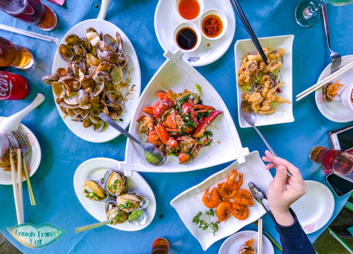 A seafood feast of clams, squid and prawns at a Sok Kwu Wan restaurant on Lamma Island