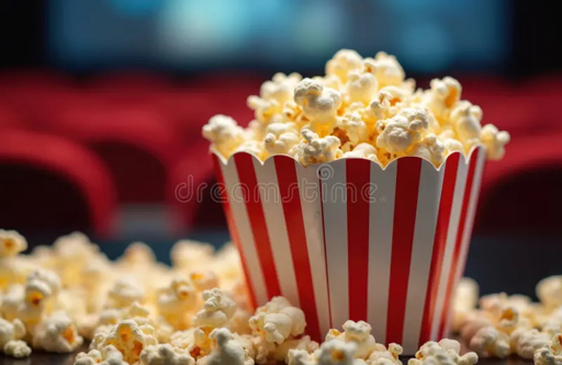Popcorn in a classic red-and-white striped container
