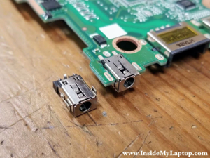 Soldered DC jack on laptop motherboard