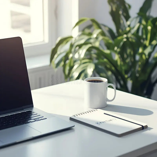 Espace de travail minimaliste avec ordinateur portable, carnet et café, sans visage ni texte
