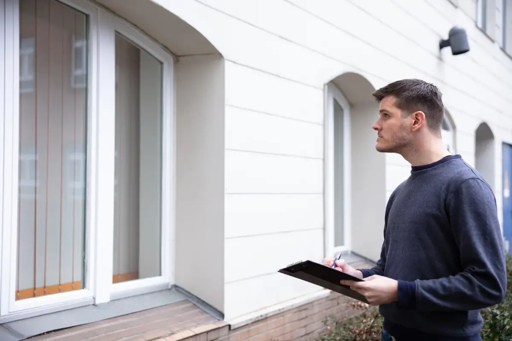 Appraiser inspecting the exterior of a home with a clipboard