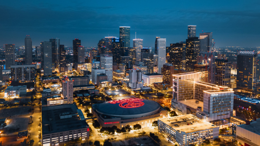 Illuminated downtown Houston skyline at night