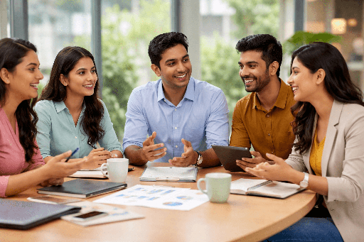 Business management students collaborating around a table during a group discussion