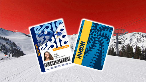 Epic Pass and Ikon Pass cards against a snowy mountain landscape