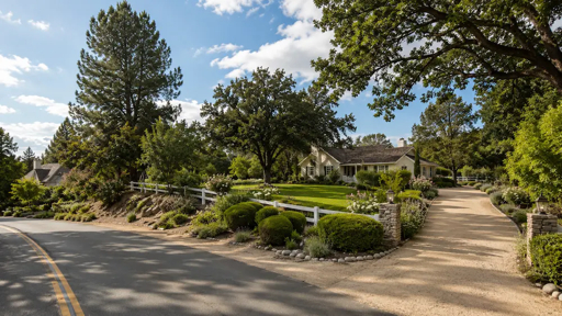 Sunny residential street in Santa Ynez with single-story family homes, manicured lawns, and tall trees under a blue sky