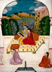pahari Painting from 1800 CE showing Radha and Krishna looking into a mirror