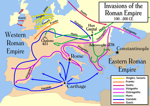 Historical map showing barbarian invasions of the Roman Empire across Europe and North Africa (100-500 CE)