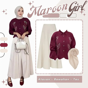Baju Setelan Wanita 2025 Rok Hyget Polos Ivory, Kemeja Bunga ...