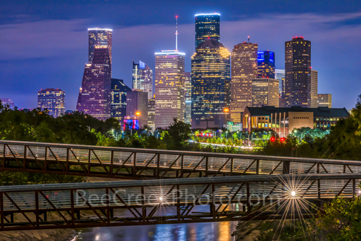 Houston skyline and Buffalo Bayou at twilight