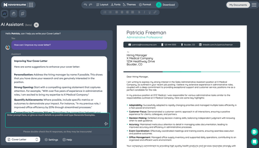 Interface d'un assistant IA aidant à rédiger et améliorer une lettre de motivation professionnelle