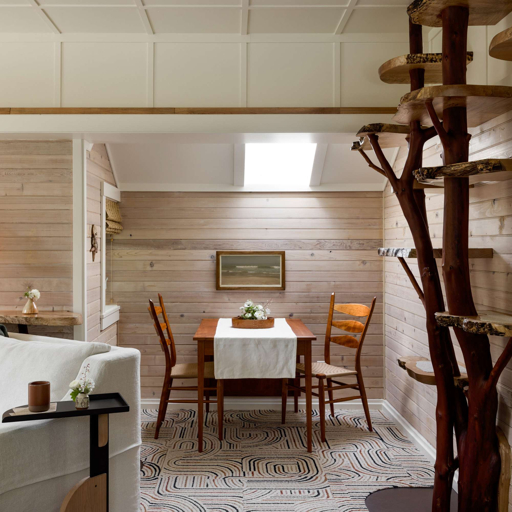 Warm wood interior with built-in shelves and architectural cat-friendly details