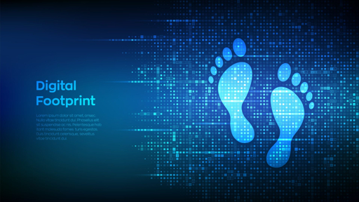A digital illustration featuring glowing blue footprints on a dark blue background with pixelated patterns and the text “Digital Footprint” on the left side.