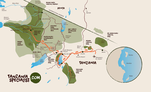 Tanzania safari Zanzibar 10 day itinerary map