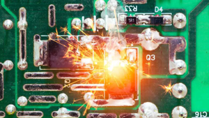 Laptop motherboard with short circuit damage