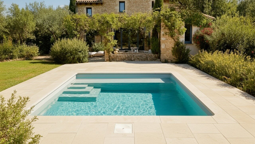 Piscine coque rectangulaire installée dans un jardin paysager