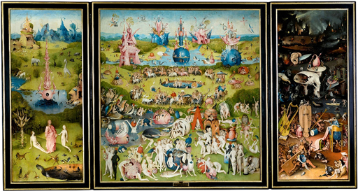 The Garden of Earthly Delights, a triptych by Hieronymus Bosch, created 1480-1490, at the Prado Museum.
