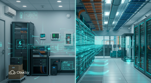 Rows of server racks in a modern data centre