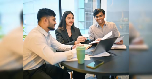 Indian professionals discussing workforce and employee-management decisions in a modern office