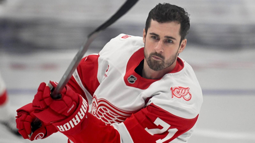 Dylan Larkin wearing his Detroit Red Wings number 71 jersey