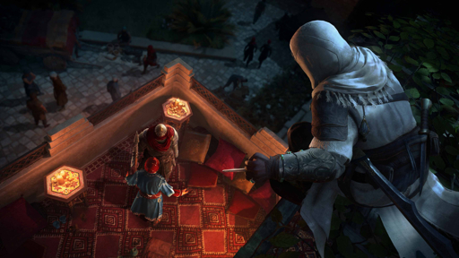 A screenshot from Assassin’s Creed Mirage showing a hooded assassin in white robes perched on a rooftop at night, preparing to stealthily assassinate a target below with a hidden blade, overlooking a bustling medieval city square with patterned rugs and lanterns.
