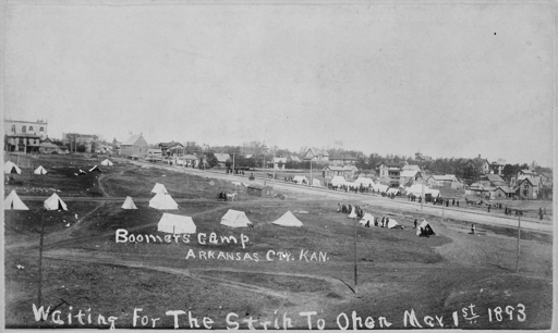 Boomers Camp in Arkansas City, Kan. on March 1, 1893, with participants waiting for the Land Run.