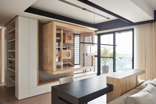 Modern penthouse with a built-in wooden cat climbing structure