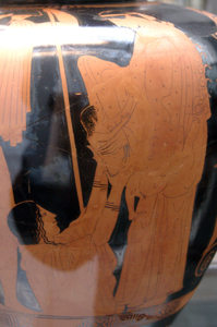 Detail from Attic red-figure stamnos (470–460 BC) showing Gaia handing Erichthonius to Athena with Hephaestus watching