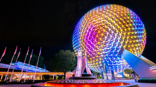 Spaceship Earth at EPCOT illuminated at night