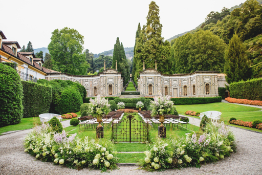 Formal garden at Hotel Villa D'Este on Lake Como, prepared for a wedding ceremony.