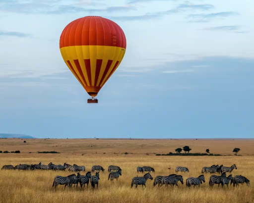 Hot air balloon over zebras in the Serengeti