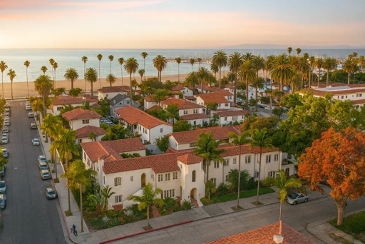 Aerial view of Santa Barbara residential neighborhood with red-tiled roofs and ocean in background