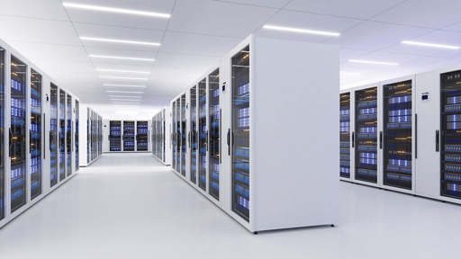 Bright data centre corridor with server racks