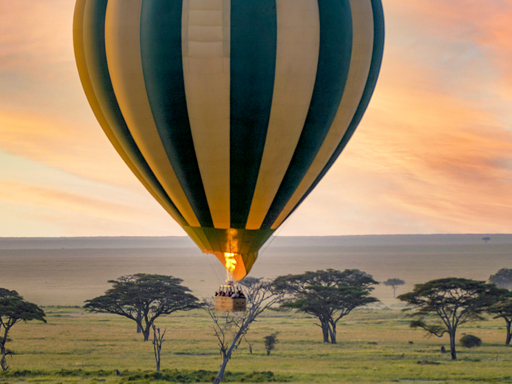 Hot air balloon safari at sunrise over the Serengeti, Tanzania