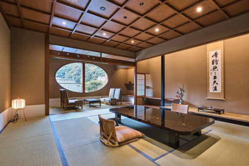 Traditional Japanese ryokan room with tatami mats and garden view at Nishimuraya Honkan