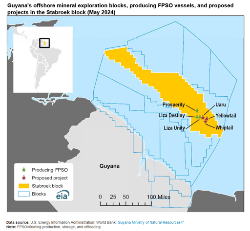 Map of Guyana's offshore blocks, showing producing FPSOs and proposed projects in the Stabroek block (May 2024).