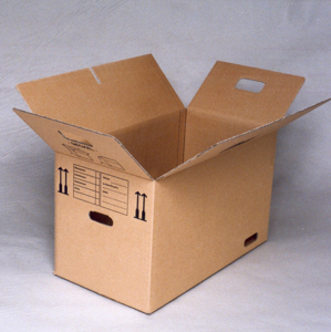 Partial overlap box with interlocking slots, featuring a die-cut handle, labeling section, and orientation symbols.