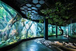 A museum exhibit showcasing an immersive rainforest environment with advanced technology merge nature and technology in a striking museum design | Premium AI-generated image