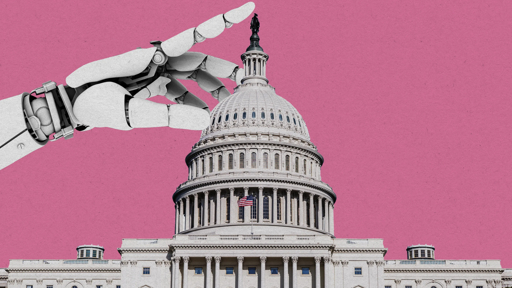 A robotic hand reaching towards the US Capitol building against a pink background.
