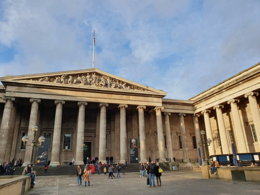 Exterior of the neoclassical British Museum in London.