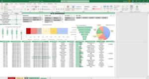 Tableau de bord de suivi de candidatures dans un tableur, avec graphiques colorés et colonnes : entreprise, poste, statut, date, relance, notes
