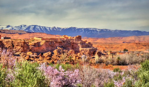 Rocky Agafay Desert landscape with High Atlas Mountains near Marrakech