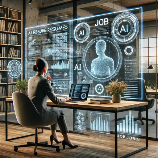 Femme en costume professionnel dans un bureau moderne, utilisant un ordinateur portable avec des éléments visuels liés à l'IA et à la préparation d'entretien