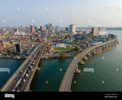 Aerial view of Lagos skyline and bridge