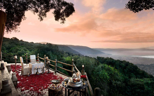 Ngorongoro Crater rim lodge at sunset