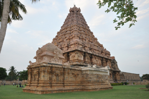 Brihadisvara Temple in Gangaikonda Cholapuram, an elaborately carved stone temple with a tall pyramidal main tower (vimana)