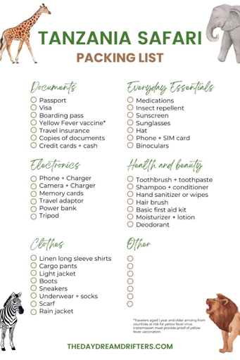 Tanzania safari packing list clothing