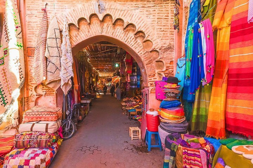 Colourful Marrakech Medina souks and Moroccan market stalls