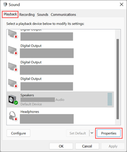 Windows sound settings output device properties