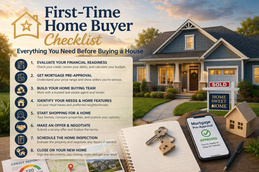 First-time homebuyer checklist graphic with keys, mortgage documents, credit report, and a model house